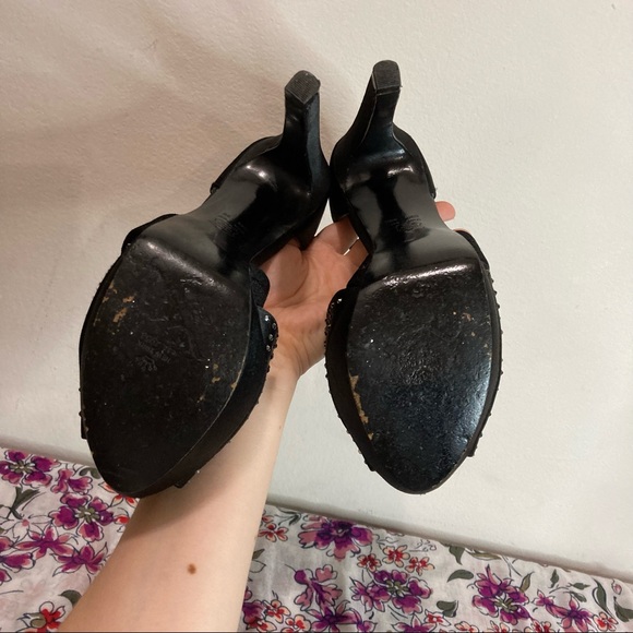 Nina New York Black Satin Rhinestone Platform Heels Thick Criss Cross Straps - Picture 10 of 12